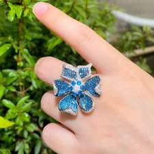 Adjustable 3D Geometric Flower Pave Setting Blue Cubic Zirconia Engagement Ring