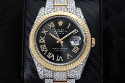 Rolex Datejust 41 Two Tone Yellow Custom Diamond Watch Fluted Bezel Dark Grey