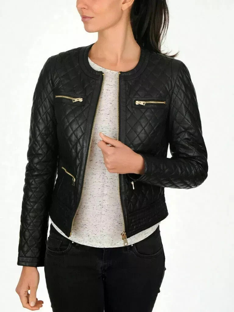 Women's Real Lambskin Leather Biker Jacket Black Quilted Moto Jacket With Zipper