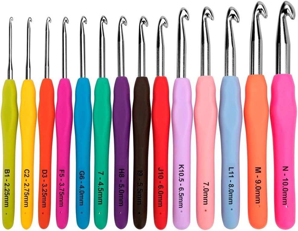 Crochet Hooks Set,14 Pcs 2.25mm(B)-10mm(N) Ergonomic Soft Grip Handles,Smooth Kn