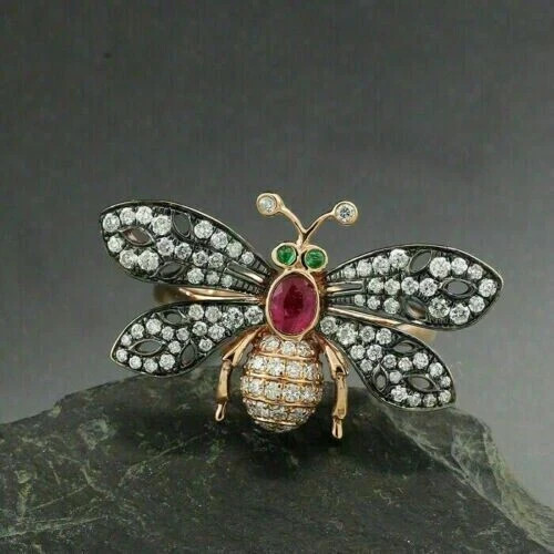 2Ct Oval Cut Lab-Created Ruby Honey Bee Wedding Expensive Ring 14K Gold Plated