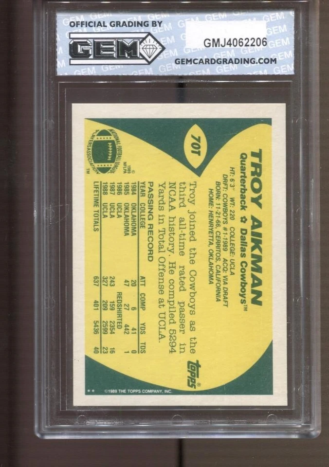Troy Aikman Topps 1989 negociado #70T gema como nuevo 10 radiocontrol novato Falcons 49ers Cowboys Foto 2 de 2