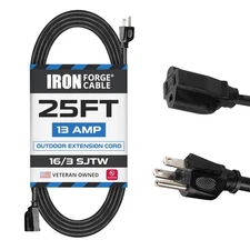 Iron Forge Cable 25 Ft Black Extension Cord, 16/3, 25 Foot Extension Cord, 3 Pro