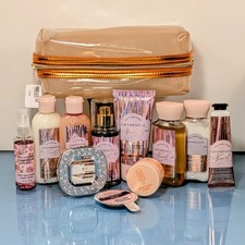 12 Pc CHAMPAGNE TOAST Travel Size Set With Glitter Cosmetic Bag Mist Wash Lotion