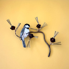 Bovano of Cheshire Chickadee on Pine Branch Vtg Enamel & Copper Wall Sculpture