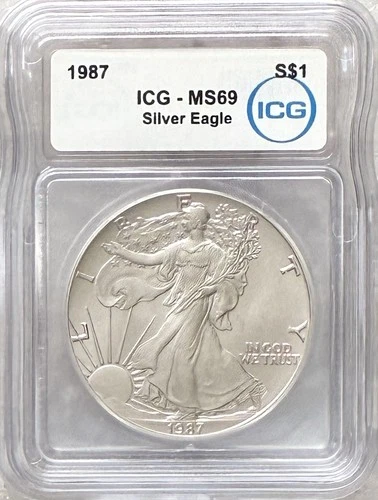 1987  American Silver Eagle MS69 ICG 1 oz .999 Fine Silver Dollar Coin Bullion