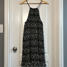 1.State Crinkle Black Floral Halter Midi Dress Cottagecore Dark Boho Style