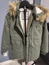 Justice Girls Olive Green Parka Jacket Size L with Faux Fur