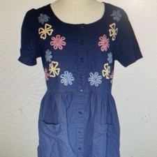 Navy Floral Embroidered Midi Shirt Dress Button Front Pockets Short Sleeves