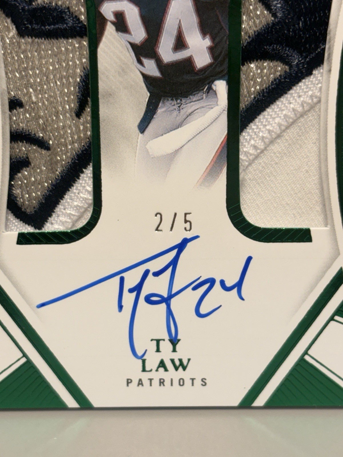 2024 Ty Law On-card AUTO #/5 PATRIOTS Dual Logo Patch Panini Flawless SSP view 2