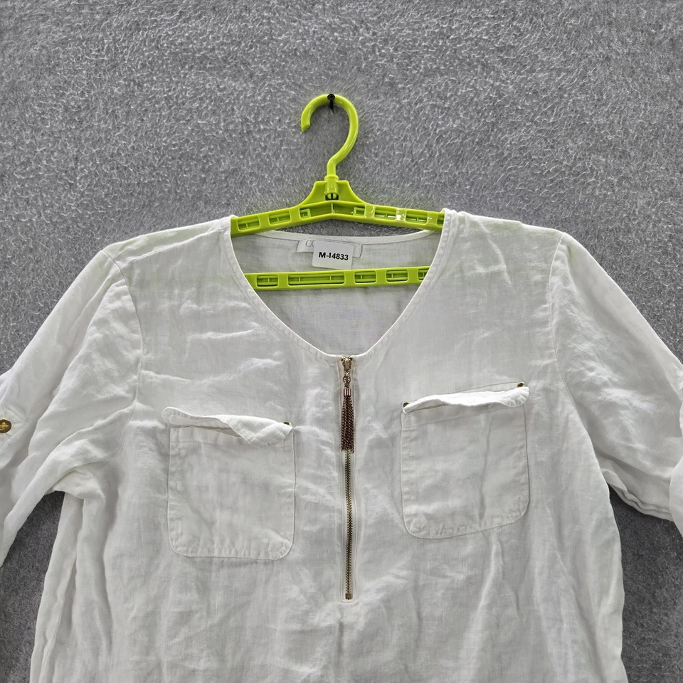 EMPRESA Blusa Ellen Tracy Mujer L Blanco Lino Botón Cremallera Cuello Redondo Cremallera Foto 4 de 4