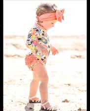 Ruffle Butts Girl  s 18-24 Months UPF 50 Zip One Piece Swimsuit Flamingos Floral