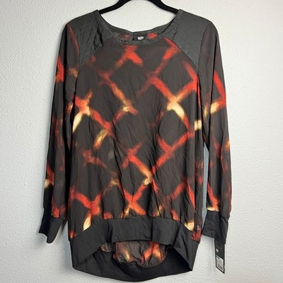Mossimo Long Sleeve Top Orange Magic Print Fire Artsy Quilted Shoulders Size M