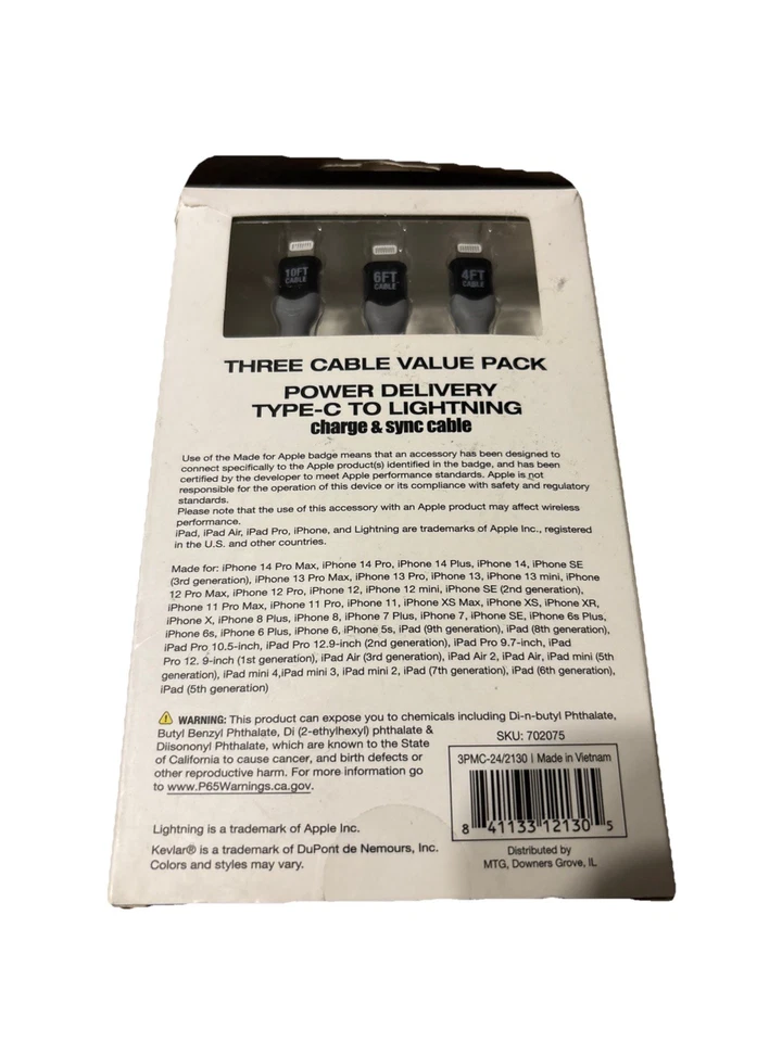 3 Pack USB-C Cable Fast Charger Cord for iPhone, iPad - 4 ft, 6 ft, 10 ft New - Image 2 of 2