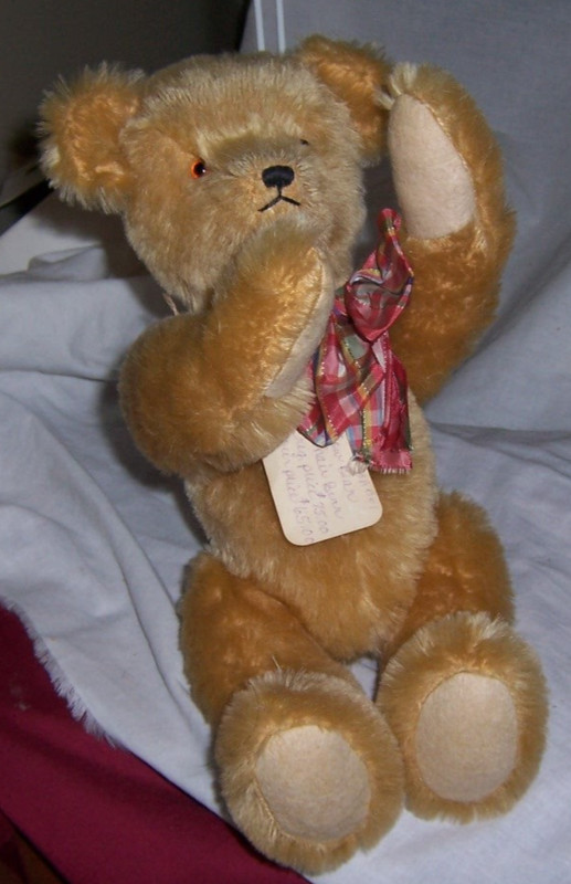 Vintage Nice yellow Gold Mohair Bear Jointed Glass Eyes 13" long
