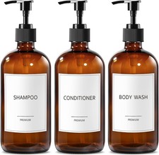 Glass Shampoo  Conditioner Dispenser Shower Soap Dispenser Bottles W/ Labels
