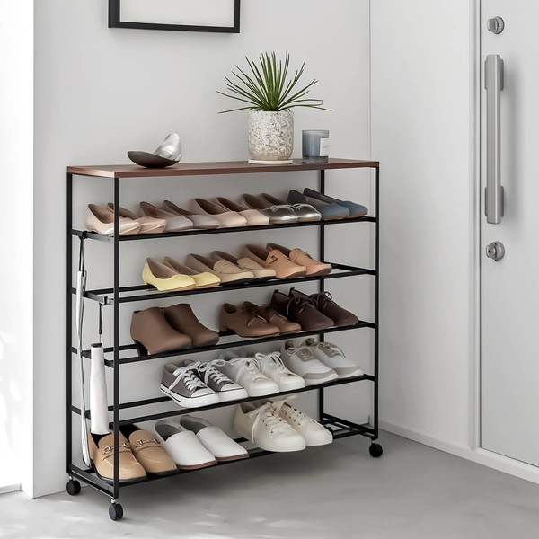 Yamazaki Schuhregal Auf Rollen Mobil & Mit Ablage Tower – Metall Holz Schwarz-image