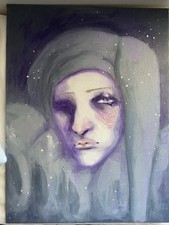 Quadro fantasia giullare gotico viola e grigio su tavola tela 12x16