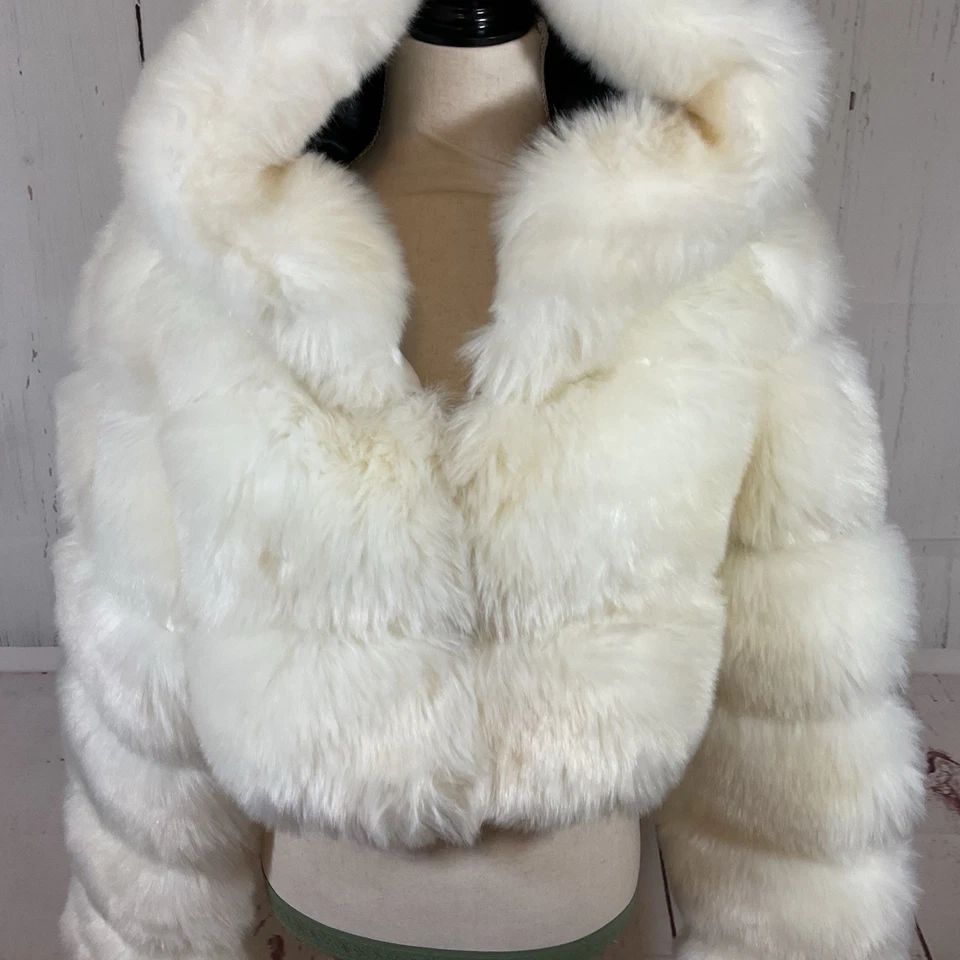 White Faux Fur Jacket Short Coat Womens L Cropped Hooded Fluffy Boho Hip Hop - Image 3 of 4