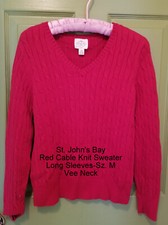 GUC St. John's Bay Red Cable Knit Sweater, Long sleeves, Vee neck, Petite Medium