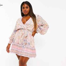 ASOS Ever New Curve wrap tie kimono mini dress in pink paisley print size 14