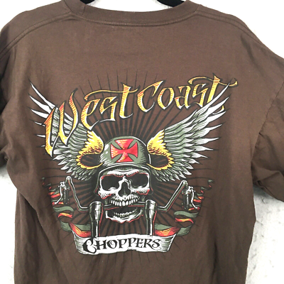 West Coast Choppers Shirt Mens Medium Brown Skull Helmet Wings 