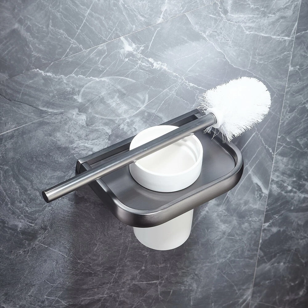 Gun Grey Brass Bathroom Toilet Brush Wall Mount Holder Ceramic Cleaning Set
