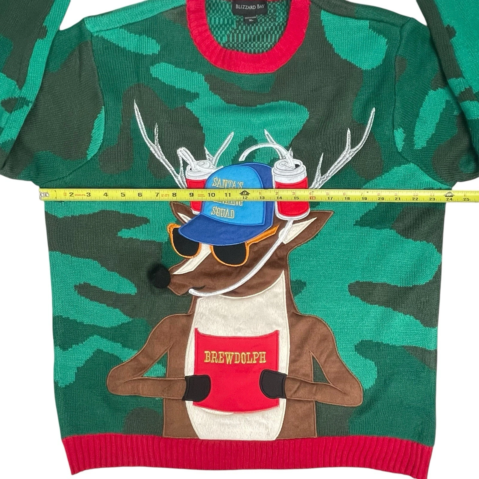 Blizzard Bay Sweater Mens XL Green Camo Brewdolph Beer Ugly Christmas Drinking