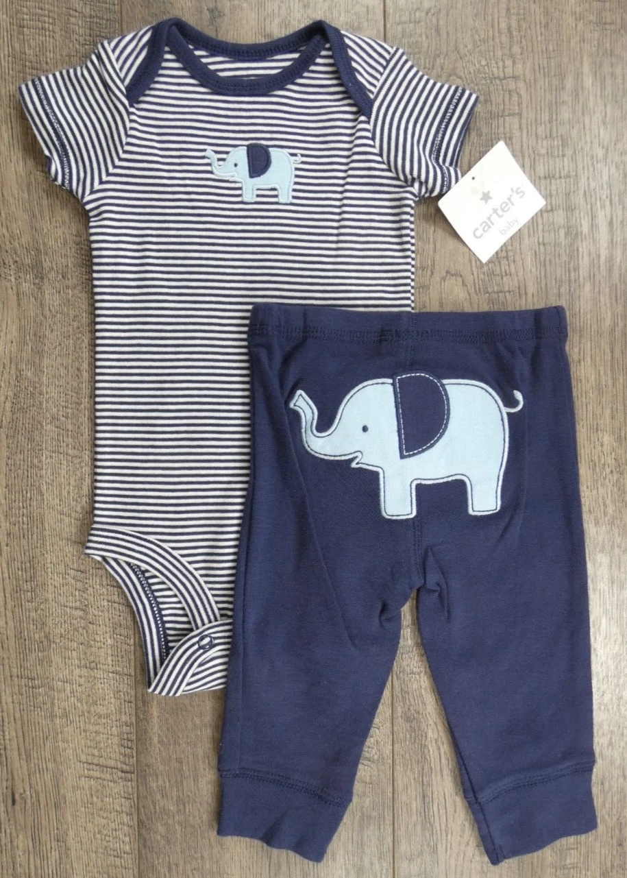 Baby Boy Clothes New Vintage Carter's 3 Month 2pc Dark Blue Elephant Outfit