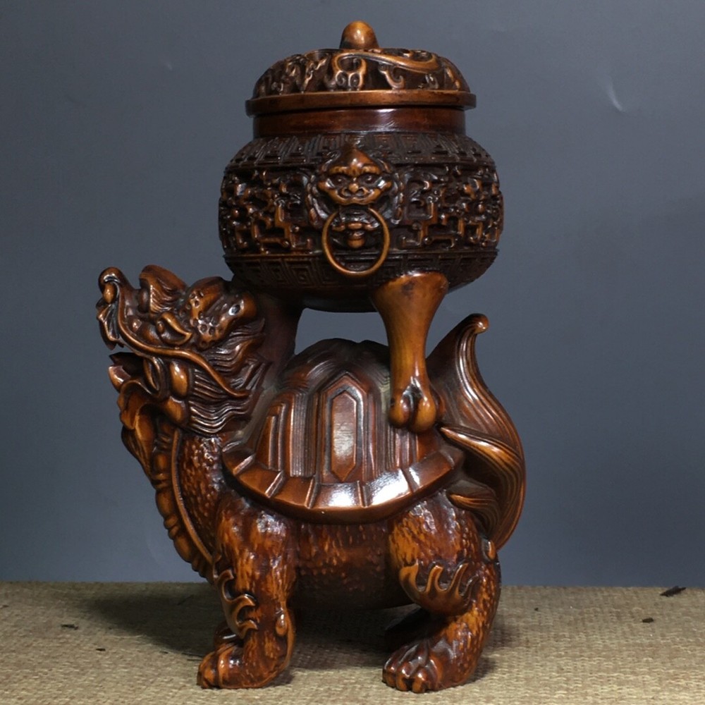 Chinese Old Boxwood Carved Exquisite Dragon Turtle Statue Censer Incense Burner
