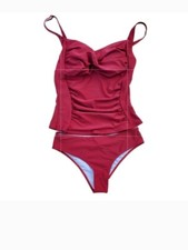 Two Piece Red Silky Two Piece Tankini Swimsuit Ruched Top Women Large NWOT
