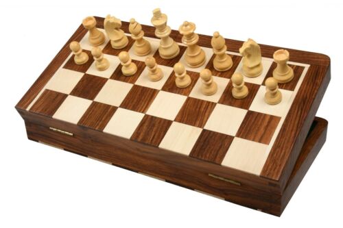 Travel Series Folding Magnetic lacquer Chess Set in Sheesham & Box wood - 12" - Picture 1 of 5