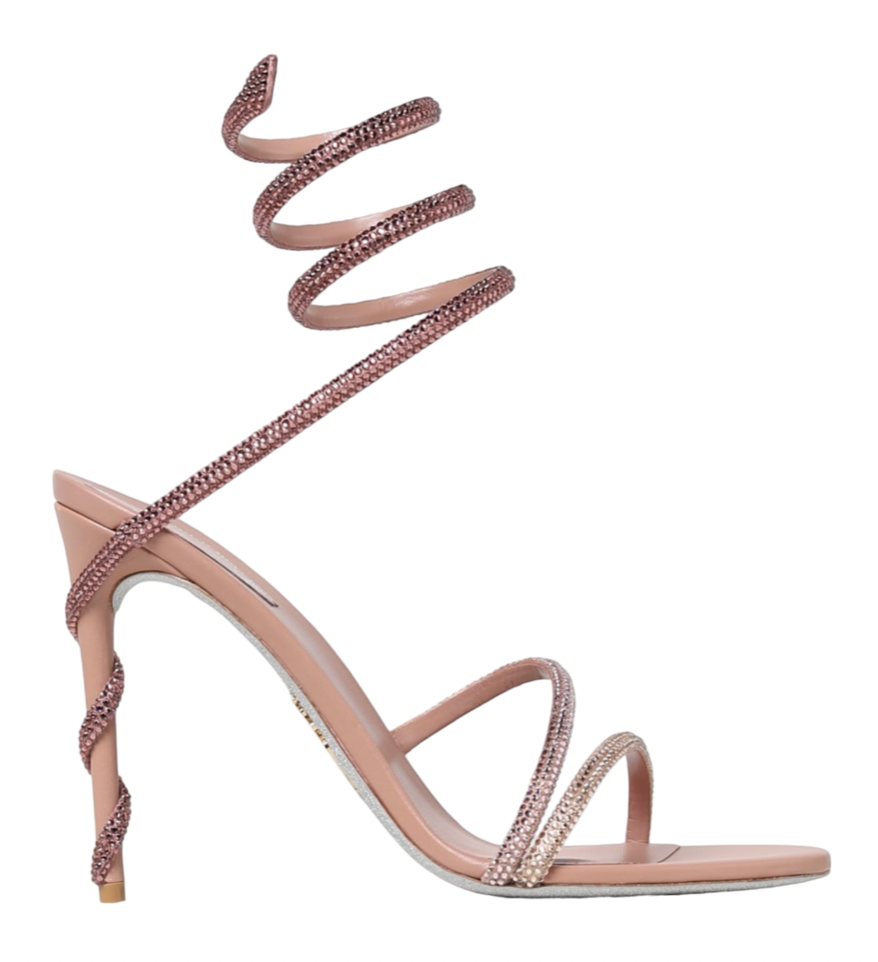 Rene Caovilla Margot Nude Crystal Snake Ankle Wrap Strap Sandal