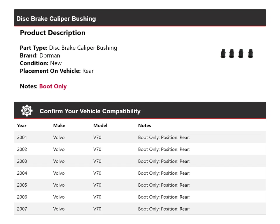 For 2001-2007 Volvo V70 Dorman Disc Brake Caliper Bushing Rear 2002 2003 2004 - Image 2 of 4