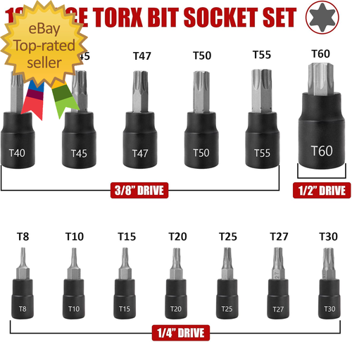 13-Piece Torx Bit Socket Set, 1/4”, 3/8” and 1/2” Drive T8-T60 Star Socket Set, - Picture 5 of 8