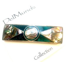 VTG Alpaca Silver Abalone Green Barrette Hair Clip New Old Stock