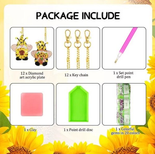 12pcs 5D DIY Assorted Summer Sunflower Diamond Art Keyrings by Numbers Kit - Picture 3 of 7