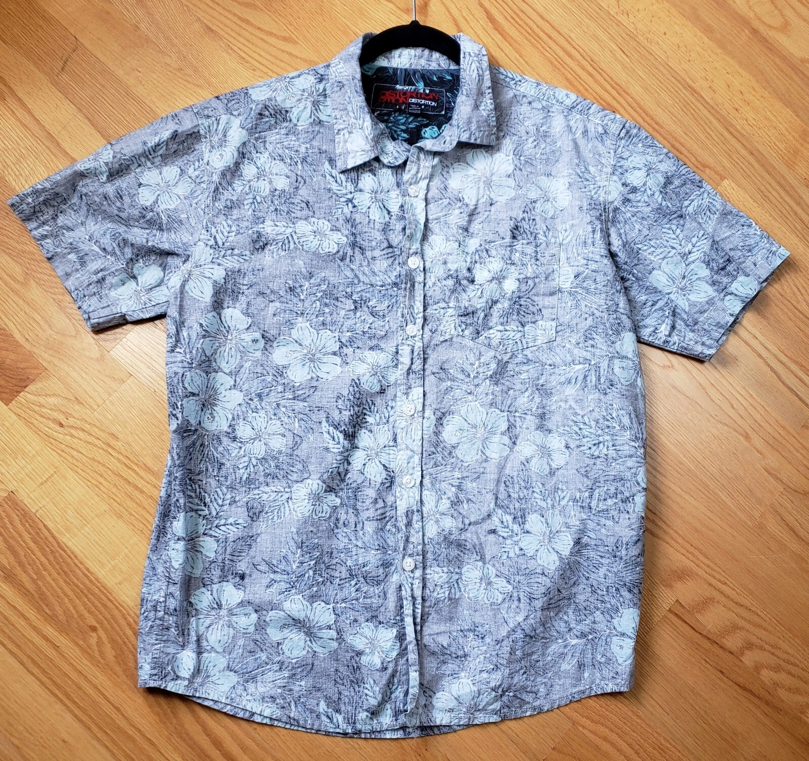 Distortion Reverse Print Hawaiian Hibiscus Button Up Short Sleeve Shirt Large