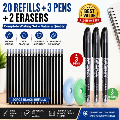 8x Black Erasable Pens Rub Out Pens Ink Eraser Pen with Rubber Erasable Gel Pens