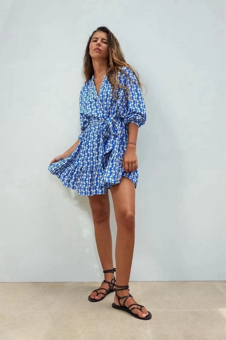 Zara Blue and White Long Sleeve Wrap Dress Geometric Print Summer Resort Size XS
