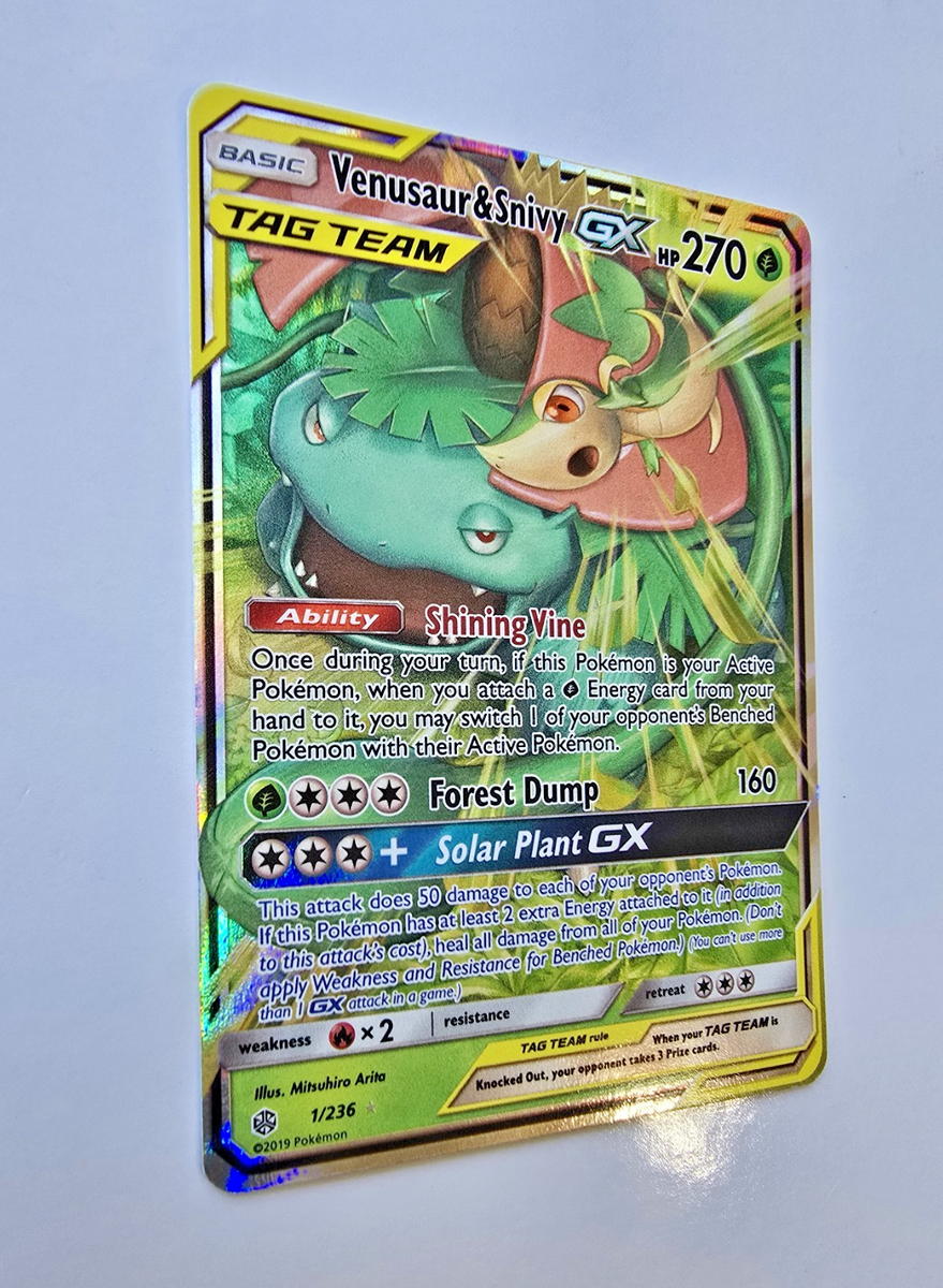 ULTRA RARE Venusaur & Snivy GX Tag Team 1/236 Pokemon SM Cosmic