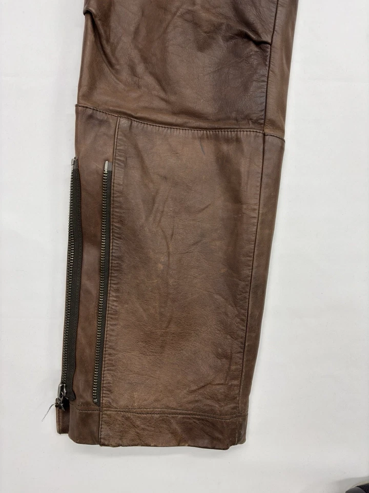 Pantalones Harley Davidson de Colección Años 90’s para Hombre 34x34 Carga Cuero Marrón Cremallera al Tobillo Foto 4 de 4