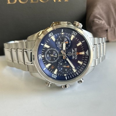 Bulova Men's Marine Star 96B256 Blue Dial Stainless Chronograph Quartz Watch New