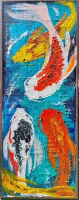 Acrylic original painting on board size 31x12x1.5 inches  FRAMED SIGNED Koi pond