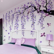 Large Cherry Blossom Tree Wall Stickers,4 Sheets Spring Purple Flower Bird Wa...