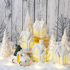 Christmas Village Sets of 17 Include 4 LED White Ceramic Christmas Village Ho...