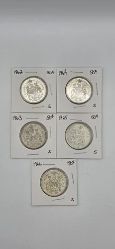 1962-1966 Canada Silver 50 Cent Coins Lot (5) – Queen Elizabeth II Half Dollars