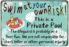 Swim At Your Own Risk Pool Swimming Tin Metal Signs Home Décor 8x12 