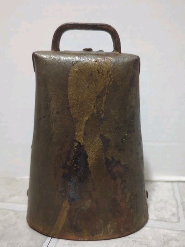 HAND FORGE Riveted Vintage Antique Large Cow Bell Metal Iron 4" X 6.25"