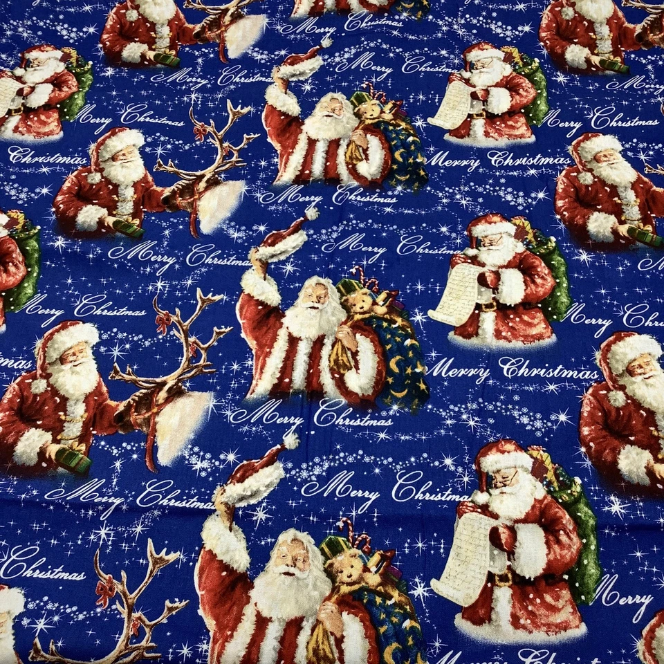 Merry Christmas Blue Santa Claus Blue Reindeer David Textiles Fabric 1.5 Yard - Image 2 of 4